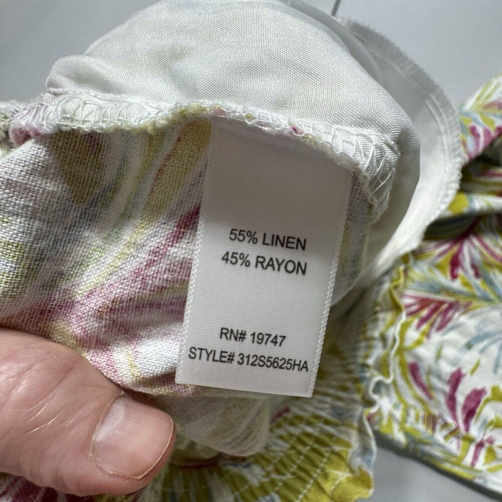 * LAND N SEA Linen Blend Pull On Pants Blue FLORAL Crop Elastic Waist Women's M - Picture 6 of 10
